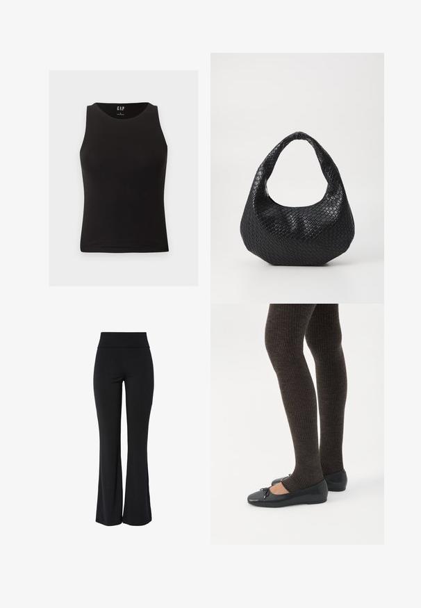 Zwarte mouwloze nauwsluitende tanktop met een ronde hals, maat small, afgebeeld tegen een lichte achtergrond.; Zwarte high-waist stretchbroek met iets uitlopende pijp en een glad, naadloos ontwerp tegen een witte achtergrond.; Benen met donkere geribbelde leggings gecombineerd met zwarte ballerina's met kleine strikdetails op een witte achtergrond.; Zwarte geweven handtas met een gebogen handvat, met een gestructureerd oppervlak en een slouchy vorm. Gladde afwerking met een organische silhouette.