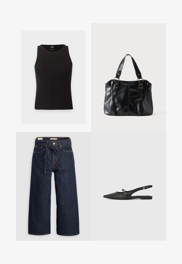 Camiseta ajustada sin mangas negra con escote redondo, talla pequeña, exhibida sobre un fondo claro.; Jeans de mezclilla de pierna ancha en azul oscuro con cintura ajustable por cordón, bolsillos frontales y detalles de costura en naranja contrastante.; Zapatos slingback de cuero negro con punta afilada, que cuentan con una correa estrecha y un detalle de hebilla plateada en el lateral. Suela plana.; Bolso de cuero negro para el hombro con doble asa unida por anillas y remaches dorados, superficie lisa y ligeramente brillante, diseño sencillo.