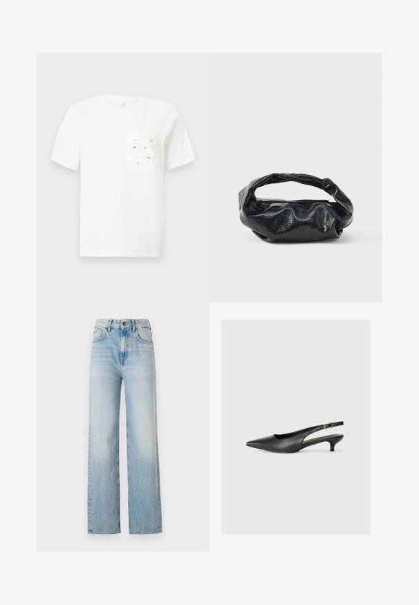 Camiseta blanca de manga corta con cuello redondo y un bolsillo delantero decorado con pequeñas flores blancas y cuentas plateadas.; Jeans de pierna ancha de color azul claro, elaborados en denim, con una cintura alta, ligero desvanecimiento y un diseño tradicional de cinco bolsillos con costuras en contraste.; Zapato de tacón slingback negro de punta afilada, hecho de cuero suave. Presenta un tacón delgado y un detalle de hebilla en la correa ajustable.; Bolso negro hecho de un material brillante y texturizado con un asa circular retorcida y un cierre de cremallera. Presenta un diseño suave y arrugado.