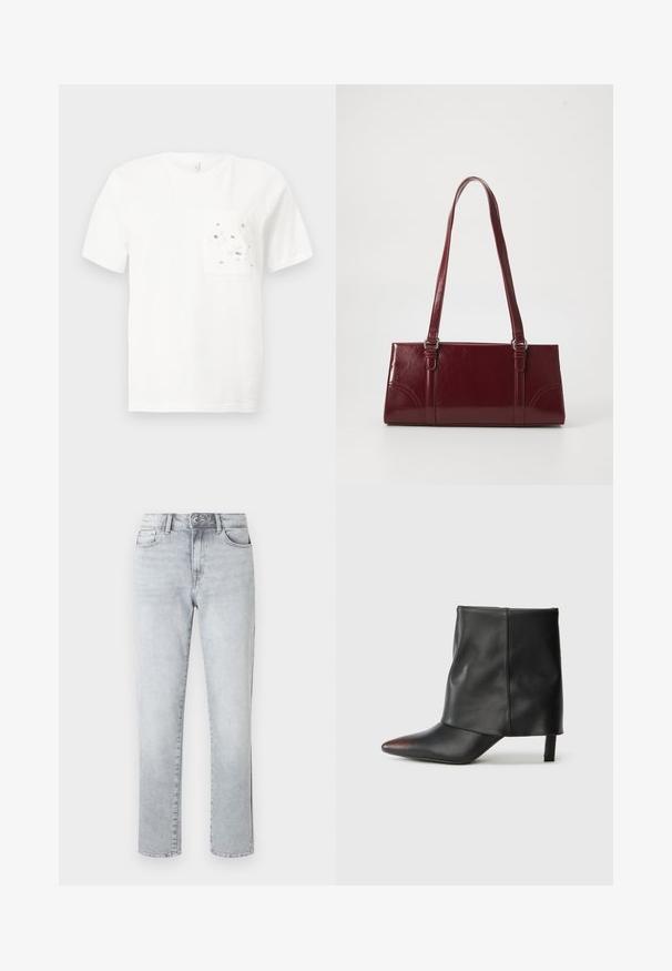 T-shirt blanc à manches courtes avec un col rond et une poche avant décorée de petites fleurs blanches et de perles argentées.; Jean droit gris clair avec fermeture à bouton, poches avant et passants pour ceinture, présenté sur un fond blanc uni.; Bottine noire en cuir lisse avec un bout pointu et un talon effilé. La tige présente un design légèrement froncé.; Sac à main bordeaux en matériau brillant, de forme rectangulaire, avec deux anses et des accents légèrement courbés à l'avant.