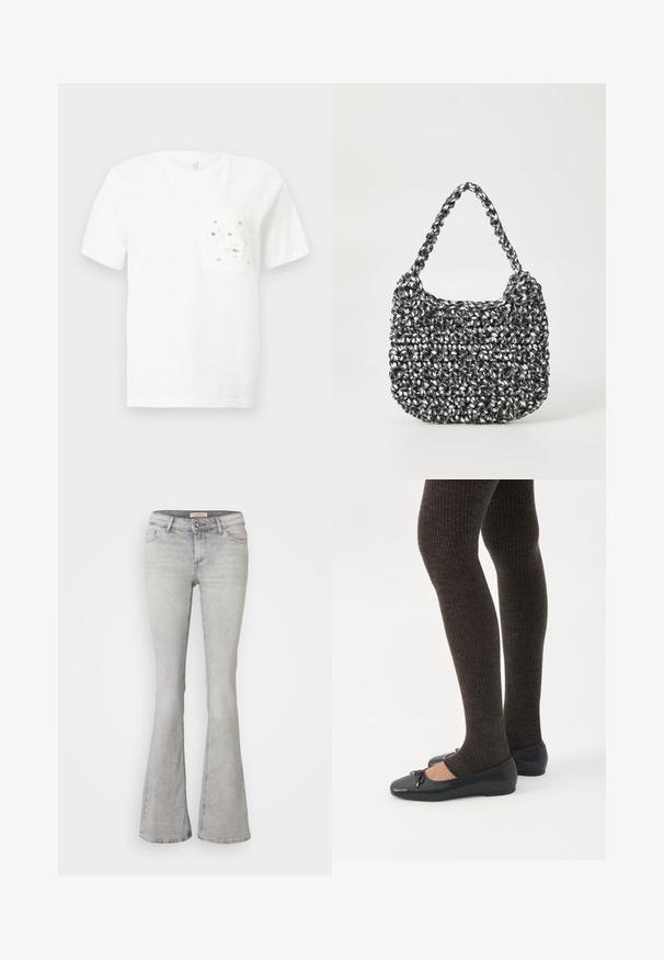 T-shirt blanc à manches courtes avec un col rond et une poche avant décorée de petites fleurs blanches et de perles argentées.; Jeans en denim gris évasés avec une taille ajustée, un design à cinq poches et un léger délavage. Présentent une fermeture à bouton et un ourlet cousu.; Jambes portant des leggings côtelés foncés associés à des ballerines noires avec de petits détails en nœud sur fond blanc.; Sac en osier noir et blanc de forme arrondie, avec une surface texturée et une poignée tressée. Convient à un usage décontracté.