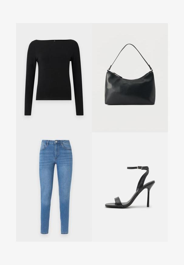 Schwarzes Langarmshirt mit einem schmalen Rundhalsausschnitt, hergestellt aus glattem Stoff. Einfaches Design ohne Muster oder Akzente.; Hellblaue, hoch taillierte Skinny-Jeans mit fünf Taschen, Knopfverschluss und dezentem Ausbleichen an Oberschenkeln und Knien.; Schwarze High-Heels-Sandalen mit schlankem Knöchelriemen und zwei vorderen Riemen. Aus glattem Leder gefertigt, mit einer eleganten spitzen Zehenform und einem Stiletto-Absatz.; Schwarze Schultertasche aus strukturiertem Leder mit gewölbtem Reißverschluss oben und einem verstellbaren Riemen vor einfarbigem Hintergrund.