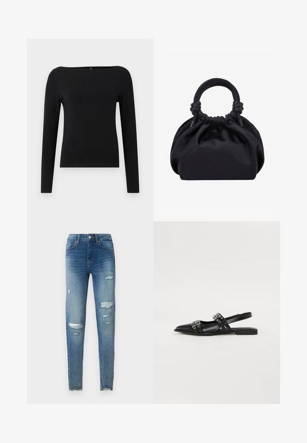 Haut noir à manches longues avec un col bateau, fabriqué en tissu lisse. Design simple sans motifs ni accents.; Jean skinny en denim bleu clair avec des déchirures usées sur le devant. Comprend une fermeture par bouton et fermeture éclair, cinq poches et un ourlet effiloché.; Even&Odd by Zalando Ballerines à brides arrière - black; Sac à main en tissu noir doux avec haut froncé et poignées circulaires rembourrées nouées de chaque côté.