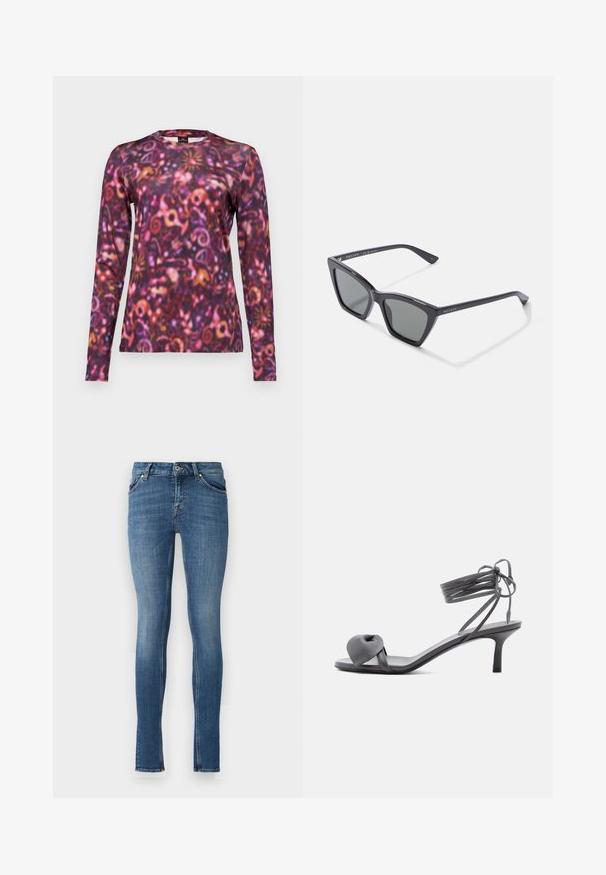 Langarmshirt mit einem lebhaften, schwirrenden Muster in verschiedenen Lila-, Rosa- und Orangetönen. Hergestellt aus weichem Stoff mit einem Rundhalsausschnitt.; Slim Fit Jeans aus hellblauem Denim, mit fünf Taschen, einem Knopfverschluss und einer lässigen Textur mit dezenten Ausbleichungen und auffälligen Nähten.; Graue Leder-Pumps mit Absatz, verknotetem Riemen über den Zehen und Wickelriemen um den Knöchel auf schlankem, mittelhohem Absatz vor weißem Hintergrund.; Schwarze Kunststoffsonnenbrille in geometrischer Katzenaugenform, mit dunkelgrauen Gläsern und matter Oberfläche. Mit silbernem Branding an den Bügeln.