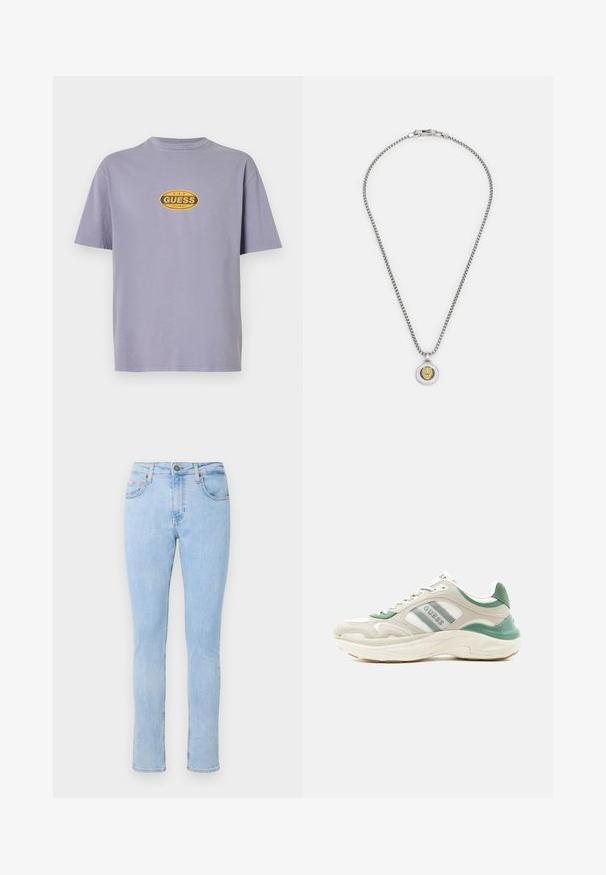 Lyserød bomuld T-shirt med rund hals og korte ærmer, med et centralt gult ovalt logo med teksten "GUESS ORIGINALS."; Lyseblå denimjeans med en tætsiddende design, fem-lommestil, frontknaplukning og subtilt slidte områder. Slim fit med lige ben.; Lavtop sneaker i beige og grøn med hvid sål, side logo-striber og tekstureret design, vinklet mod venstre på hvid baggrund.; Sølvfarvet kædende halskæde med en rund vedhæng med et guld løveemblem, detaljeret kant og lås.