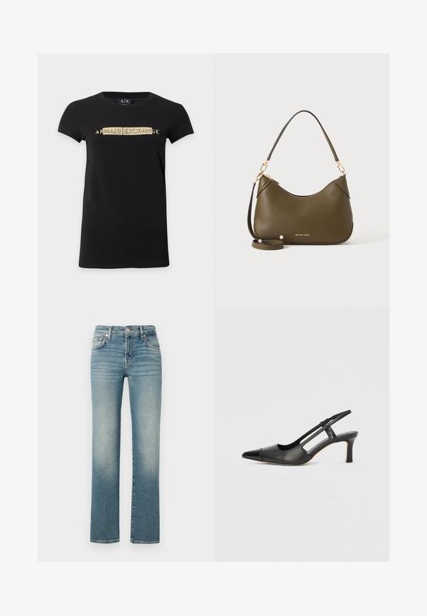 Zwart T-shirt met korte mouwen en gouden "ARMANI EXCHANGE" tekst gecentreerd op de borst en een ronde hals.; Blauwe spijkerbroek met een rechte pijp, voorzien van vervaagde gebieden, vijf-pocket ontwerp en metalen knoopsluiting bij de taille.; Zwarte leren slingback schoen met een puntige neus, voorzien van een glanzend detail op de neuskap en een hak van gemiddelde hoogte. Open zijkant ontwerp.; Olijfgroene leren handtas met korte en lange banden, goudkleurige details en het Michael Kors-logo in goud vlak bij de onderkant op een effen achtergrond.