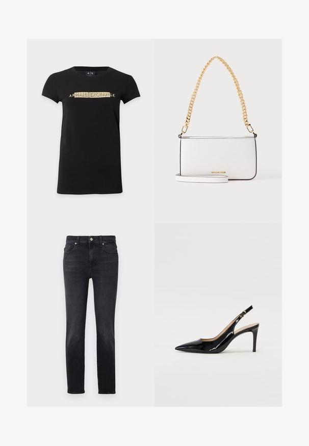 Sort t-shirt med korte ærmer og guld "ARMANI EXCHANGE" tekst centreret på brystet samt rund halsudskæring.; Sorte denimjeans med lige ben, der har knaplukning, fem lomme-design og subtile sømdetaljer.; Sort patenteret læder slingback stiletto med spids tå, slank hæl og et subtilt udskæringsdesign. Har en gylden spænde på remmen.; Hvid rektangulær lædertaske med tynd sort kant, guld kædehåndtag og lille guldlogo på frontens midte.