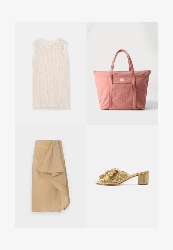 Mouwloze gebreide top in lichtcrème, met een gaaspatroon en een geribde halslijn en zoom. Zachte textuur verbetert de ademendheid en het comfort.; Beige wikkelrok van lichtgewicht stof met een asymmetrische draping, voorzien van een gegarneerde tailleband en een gladde textuur. Geen zichtbare sluitingen.; Gouden geplooide slide sandaal met een strikdetail, open neus en een gestructureerde blokhak. Heeft een platte zool en een gladde binnenvoering.; Grote zachte roze stoffen tas met twee hengsels en een voorvak, tegen een effen lichte achtergrond.