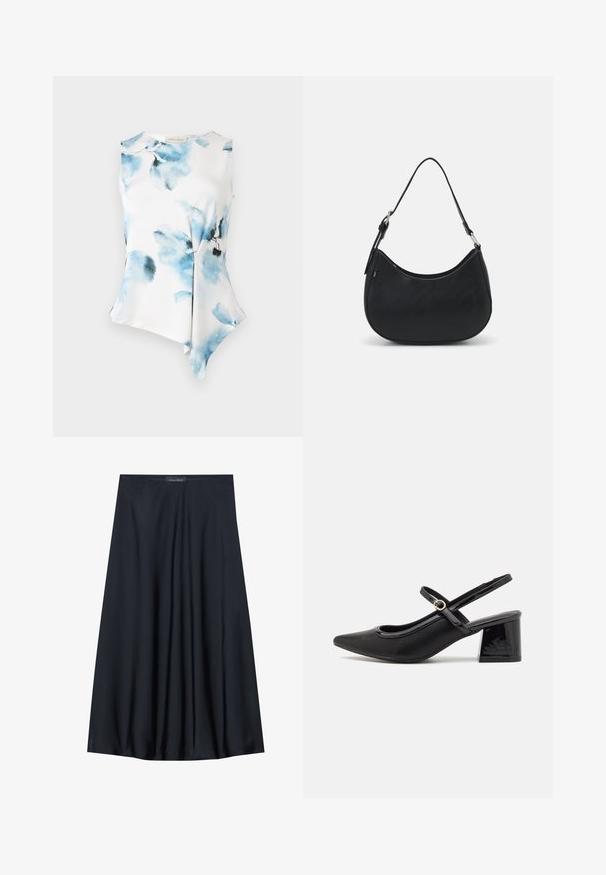 Blouse sans manches avec un ourlet asymétrique, fabriquée en tissu lisse et léger. Présente un motif floral aquarelle dans des tons de bleu sur un fond blanc.; Jupe noire, arrivant aux genoux, en tissu léger avec un design fluide. Présente une texture lisse et de subtils plis pour un détail supplémentaire.; Escarpins slingback en cuir verni noir avec un embout pointu, un design à découpes arrondies et un talon carré. Présente un accent de boucle en ton doré.; Sac hobo noir en cuir lisse avec une silhouette arrondie, doté d'une seule sangle ajustable et de détails de design minimalistes.