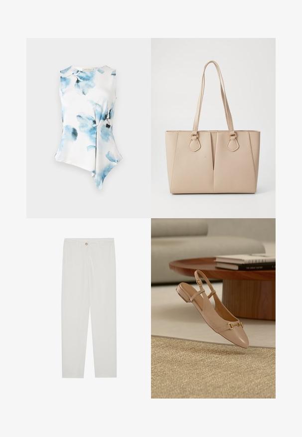 Ærmeløs bluse med en asymmetrisk kant, lavet af glat, letvægtsstof. Har et akvarelblomster mønster i blå nuancer på en hvid baggrund.; Hvide, skrædderlavede bukser med lige ben design, udstyret med knaplukning, bæltesløjfer og sidelommer; glat stoftekstur.; Beige læder slingback flad sko med gulddetalje på spænde, placeret i luften over et vævet tæppe, et træ sofabord og stablede bøger i baggrunden.; Beige tote taske lavet af tekstureret kunstlæder, med dobbelte håndtag og guldfarvede hardware accenter. Designet inkluderer en delt frontdetalje.