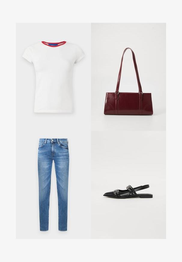 Weißes eng anliegendes T-Shirt mit kurzen Ärmeln, rundem dunkelrotem Halsausschnitt und einer Markenkennzeichnung im Kragen.; Hellblaue Jeans aus Denim im Slim-Fit. Merkmale sind ein Knopfverschluss, fünf Taschen und eine gewischte Textur an den Oberschenkeln.; Even&Odd by Zalando Sling-Ballerina - black; Burgunderfarbene Handtasche aus glänzendem Material, rechteckige Form, mit zwei Schulterriemen und subtilen, geschwungenen Akzenten an der Vorderseite.