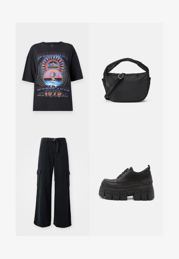 Čierne oversized tričko so farebným grafickým dizajnom, ktorý zobrazuje hory, slnko a vodné prvky. Text obsahuje "Billabong World Tour 1973."; Čierne široké nohavice cargo vyrobené z bavlny s viazacím pásom, s dvoma bočnými vreckami a hladkou textúrou látky.; Čierne platformové tenisky s hladkým koženým povrchom, šnurovaním, hrubou gumovou podrážkou a detailom značky na boku.; Čierna látková taška na rameno s prekrútenou rukoväťou, odnímateľným popruhom a zipsom na vrchnom uzáveru. Hladký povrch a minimalistický dizajn.