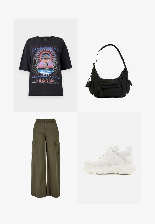 Sort oversized t-shirt med et farverigt grafisk design med bjerge, solen og vand-elementer. Teksten inkluderer "Billabong World Tour 1973."; Olivengrønne bredde cargo bukser med to sidelommer, lavet af et blødt, holdbart stof. Har detaljeret syning og en knaplukning.; Hvid chunky sneaker med tyk sål, snørelukning og "Buffalo" branding på siden og hælen.; Sort polstret skuldertaske med lynlåslomme foran, to sidelommer med klapper og justerbar rem.