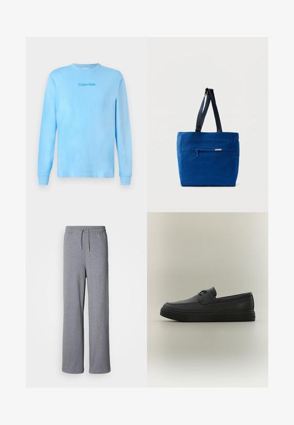 Hele sinine pikade varrukatega T-särk, millel on rinna keskosas "Calvin Klein" logo, esitatud lihtsal taustal.; Hallid hallid laiad dressipüksid pehmest materjalist; omaduseks on elastne vöökoht koos sidumisnööriga ja taskute puudumine. Lihtne, kaunistusteta disain.; Must nahast vabaaja loafer, millel on paeltega detailid ja paks kummist tald, nähtav küljelt neutraalsel taustal.; Sinine lõuendist õlakott esiktasku, topeltrihmade ja ristkülikukujulise kujundusega. Omab diskreetset brändi sildi detaili.