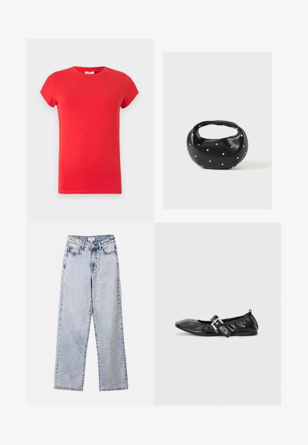 Rotes T-Shirt mit kurzen Ärmeln und Rundhalsausschnitt in schlanker Passform, glatter Textur und ohne sichtbare Logos oder Muster auf hellem Hintergrund.; Helle blaue Straight-Leg-Jeans aus Denim, ausgestattet mit zwei vorderen Taschen, einem Knopfverschluss und kontrastierenden Nähten entlang der Säume.; Schwarze Leder-Ballerinas mit spitzem Zehenbereich, gerafften Details am Schaft und einem silbernen Schnallenakzent am verstellbaren Riemen.; Schwarze Lederhandtasche mit abgerundeter Form, verziert mit silbernen Nietenakzenten und kurzem Griff. Glatte Struktur und Reißverschlussverschluss.