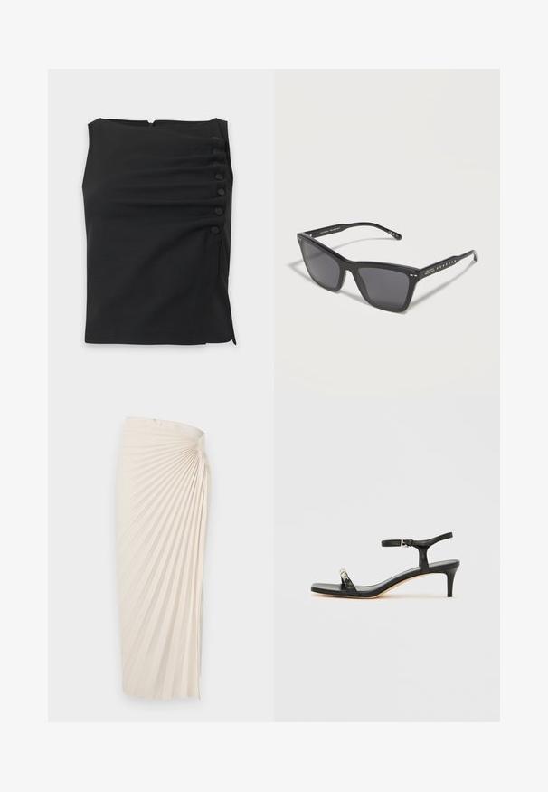 Blouse noire sans manches avec un col montant et six boutons recouverts de tissu disposés verticalement sur le côté droit.; Jupe longue crème plissée avec un détail froncé à la taille, créant un motif en éventail qui s'étend vers le bas.; Sandale noire en cuir à talon avec bride à la cheville, bout ouvert, devant carré et accent en métal argenté. Design ajusté avec un profil élégant.; Lunettes de soleil à monture carrée noire avec verres foncés, branches fines ornées de petits accents circulaires et logo "Isabel Marant" sur la branche.