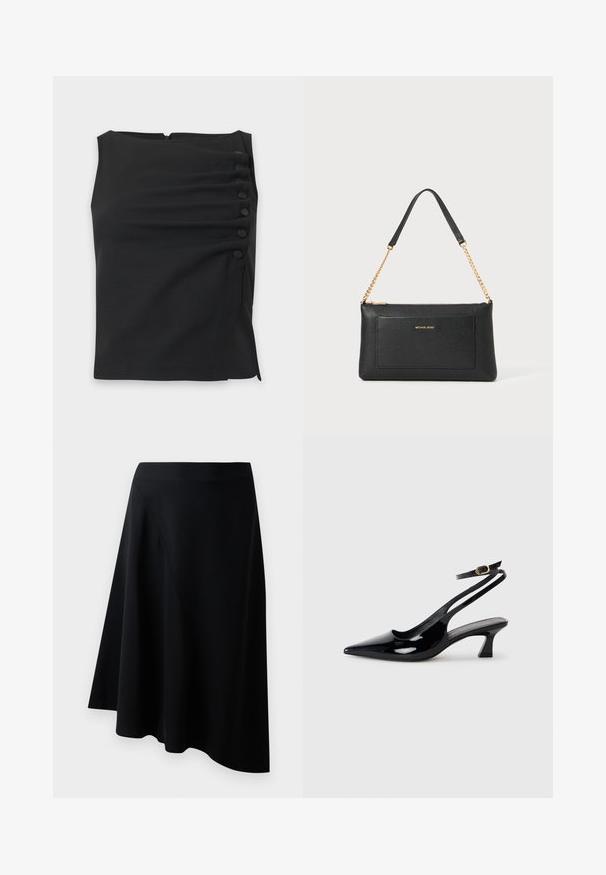 Mouwloze zwarte blouse met een hoge halslijn en zes met stof bedekte knopen, verticaal gerangschikt aan de rechterkant.; Zwarte A-lijn rok van soepel materiaal, met een diagonale naaddetail en een vloeiende uitstraling die subtiel valt bij de zoom.; Zwarte gepatineerde leren slingback hakken met een puntige neus, lage blokhak en een verstelbare enkelband met een gouden gespsluiting.; Zwarte leren clutch met een gepolijste textuur, gouden schouderband en een voorvak. Voorzien van een gouden logo op de voorkant.