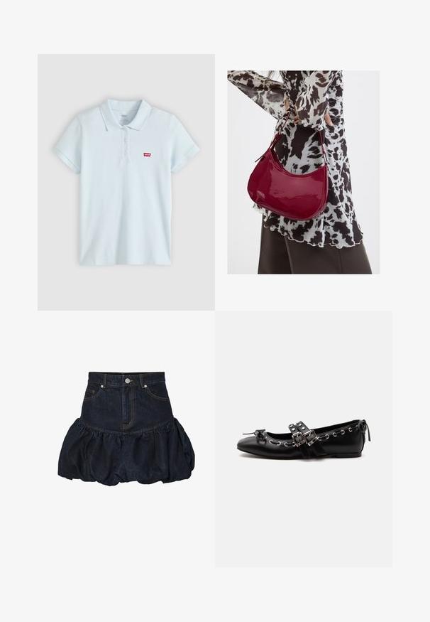 Svetlomodré polo tričko s krátkymi rukávmi, tromi gombíkmi a malým červeným logom Levi's na ľavej strane hrudníka.; Tmavomodrá džínová sukňa s priliehajúcim pásom a nariaseným, nadýchaným volánovým spodkom. Obsahuje predné vrecká a kovový gombík na zapínanie.; Čierna plochá baletná topánka s dvojitými prackami, striebornými okami a malou mašličkou pri zaoblenom nose na bielom pozadí.; Žena v čierno-bielom vzorovanom blúzke drží lesklú červenú kabelku cez rameno na jednofarebnom pozadí.