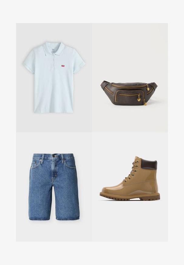 Lyseblå kortærmet polo med tre knapper og et lille rødt Levi's-logo på venstre bryst.; Blå denim-knee-length shorts med frontknap og lynlås, forlommer og bæltestropper på en ensartet lys baggrund.; Tan laklæder ankelstøvler med brune accenter, rund tå, seks metaløjer, brune snørebånd og struktureret gummisål.; Mørkebrun læder bumbag med flere gyldne lynlåse, hver med en lille hjerteformet charm-vedhæng.