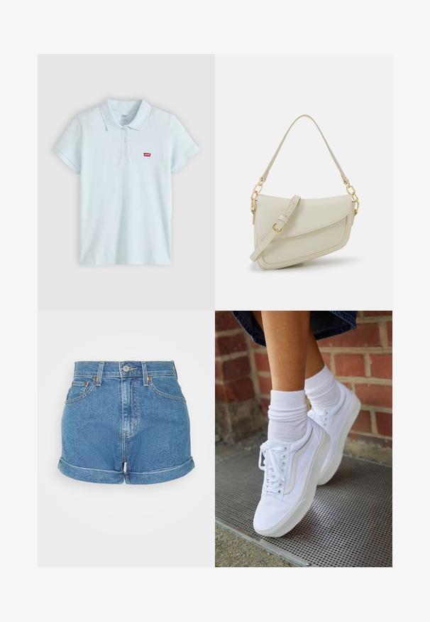 Lyseblå kortærmet polo med tre knapper og et lille rødt Levi's-logo på venstre bryst.; Højtaljede denimshorts i lyseblå, med rullekant, fem-lommers design og metalknaplukning med kontrastsyninger.; Hvide lærreds sneakers med gummisåler, der har seks snørehuller, rund tå og let sømdetaljer, krydret med hvide ankelstrømper.; Lille cremehåndtaske med tekstureret overflade, en lang justerbar rem, en kædeaccent og flaplukning. Detaljer i guldhardware.
