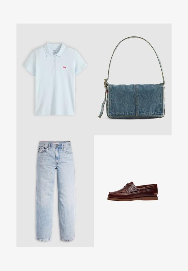 Lichtblauw polohemd met korte mouwen, drie knopen en een klein rood Levi's-logo op de linkerborst.; Lichtblauwe spijkerbroek met hoge taille, losvallende pasvorm, rechte pijpen en een klassiek ontwerp met vijf zakken. Zichtbare vervaging en stikseldetails.; Bruine leren boot schoen met veters, stiksel details en Timberland-logo aan de zijkant, weergegeven op een witte achtergrond.; Denim schoudertas met een opvouwbaar ontwerp, lichtblauwe kleur, zichtbare stiksels, verstelbare schouderband en een zijlabel accent.