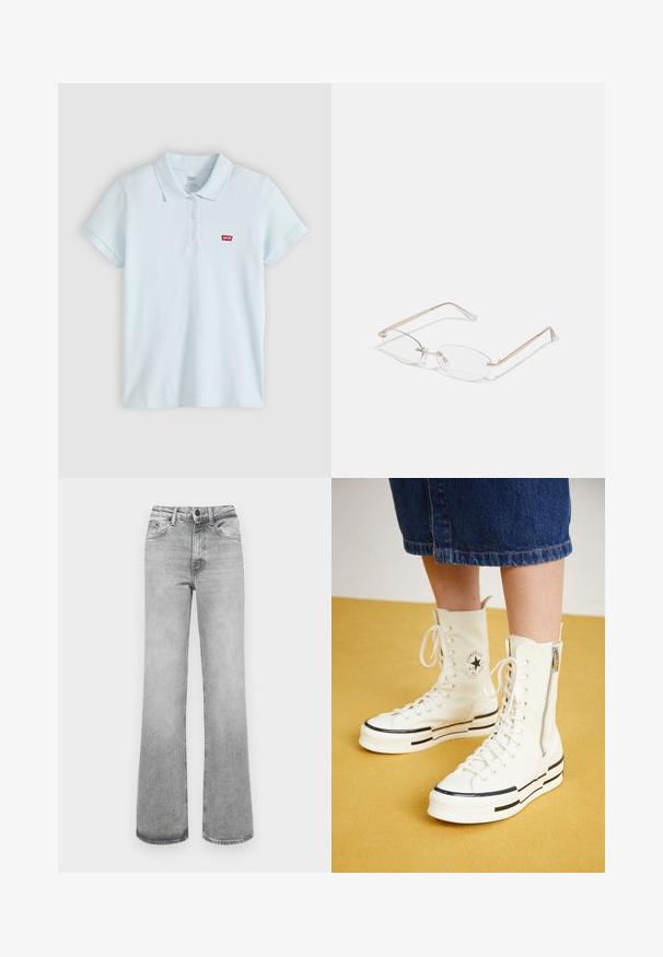 Svetlomodré polo tričko s krátkymi rukávmi, tromi gombíkmi a malým červeným logom Levi's na ľavej strane hrudníka.; Svetlošedé vyblednuté rovné džínsy s prednými vreckami, pútkami na opasok a zapínaním na gombík a zips.; Biele vysoké tenisky s zipsovým uzáverom, šnurovací dizajn a čierne prúžky na hrubej podrážke. Textúrovaný plátený materiál.; Zlaté kovové okuliare s oválnymi šošovkami, štíhlymi rámami a priehľadnými nosovými podložkami. Obsahujú jemné akcenty pántov a priehľadné šošovky.