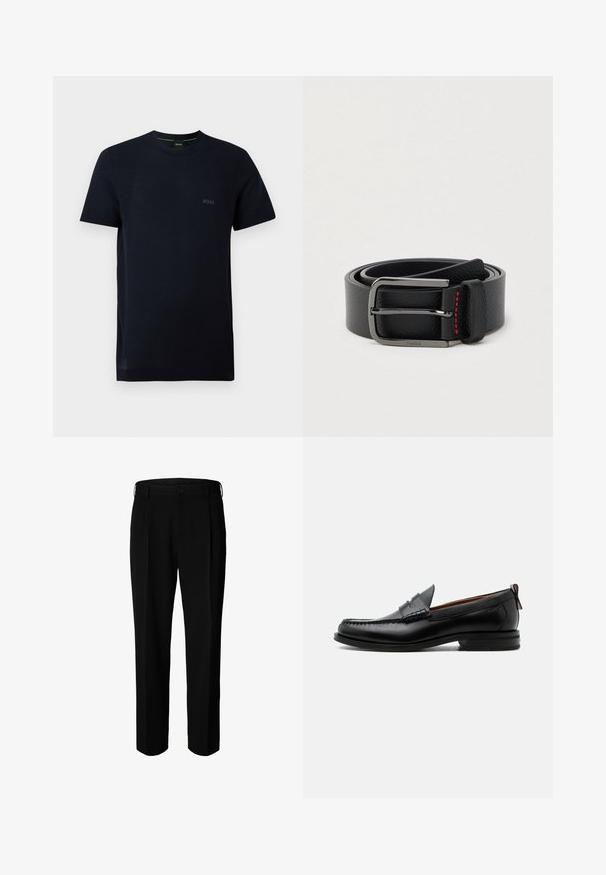 Camiseta negra de manga corta con cuello redondo, textura sutil y pequeño logo "BOSS" en el pecho izquierdo.; Pantalones formales negros con trabillas para cinturón, botón frontal y cierre de cremallera, mostrados sobre fondo blanco.; Mocasín de hombre de piel negra con costura moc toe, tira penny, cuello texturizado y tacón bajo apilado sobre fondo blanco.; Cinturón de cuero negro con hebilla plateada y detalle de costura roja, enrollado sobre un fondo claro y liso.