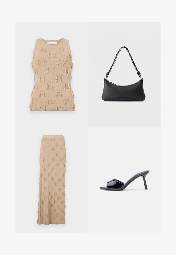 Haut beige sans manches en maille, présentant un motif texturé avec des accents de franges éparpillées ainsi qu'un col et un ourlet côtelés.; Jupe maxi en tricot beige présentant un motif texturé avec des accents effilochés tout au long et une taille côtelée. Matière lisse et flexible.; Sandales à talons ouverts en cuir verni noir, avec un design supérieur incurvé et un talon aiguille effilé. Finition lisse et brillante.; Sac à bandoulière en cuir noir de forme rectangulaire incurvée, avec une chaîne dorée tissée dans la bandoulière noire tressée et une fermeture éclair sur le dessus.
