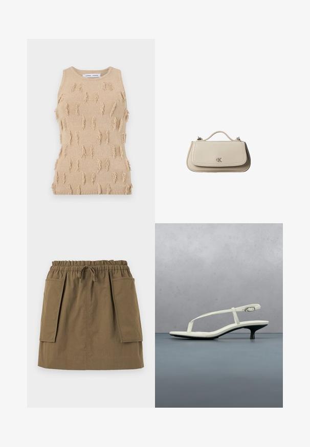 Haut beige sans manches en maille, présentant un motif texturé avec des accents de franges éparpillées ainsi qu'un col et un ourlet côtelés.; Jupe olive, longueur genoux, avec une taille élastique, un cordon de serrage et deux grandes poches latérales. Fabriquée en tissu léger avec des coutures visibles.; Sandale blanche à talon kitten avec des lanières et un bout pointu, flottant au-dessus d'un sol en carrelage en bois en plein air avec un arrière-plan flou de plante et de mur.; Petit sac à main en cuir beige avec poignée supérieure et logo CK argenté sur le rabat avant, présenté sur fond blanc.