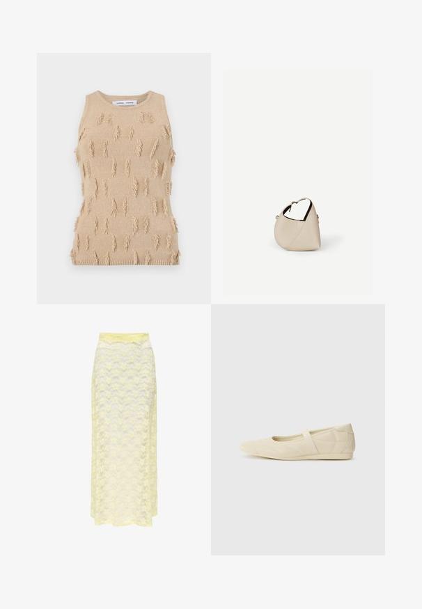 Top de punto sin mangas en color beige con un diseño texturizado, acentos de flecos dispersos y un cuello y dobladillo de canalé.; Falda maxi amarilla de encaje con un patrón ondulado, que cuenta con una cinturilla lisa y una textura suave y translúcida. Diseñada para una silueta ligera y fluida.; Bailarinas beige con un exterior de cuero liso, punta en forma de almendra y una correa elástica en el empeine, con detalles de costura sutiles.; Bolso de cuero beige en forma de media luna con una sola correa para el hombro y costuras mínimas, colocado sobre un fondo blanco liso.