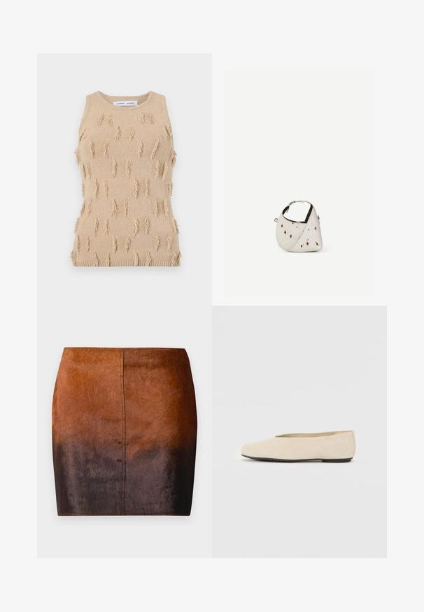 Beige ærmeløs strikket top med tekstureret design, spredte frynseaccents samt ribstrikket halsudskæring og kant.; Brun gradient mini nederdel lavet af blødt materiale, med en glat tekstur, en tætsiddende silhuet og præcise syninger langs kanterne.; Beige ruskind ballerina med rund tå, flad sål og minimalistisk design. Glat tekstur uden synligt hardware eller udsmykninger.; Lille hvid håndtaske med brune pletter, afrundet trekantet form, sort indvendig foring og kort justerbar rem med sølvspænde.