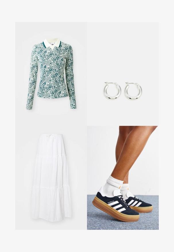 Een langmouwig, getailleerd shirt met een teal en wit bloemmotief en een witte kraag met teal afwerking op een effen achtergrond.; Witte maxi-rok van lichtgewicht stof, met een gelaagd ontwerp en geplooide accenten, en een verstelbare koordtaille.; Ben met witte sokken en zwarte Adidas Gazelle sneakers met witte strepen en dikke bruine zolen op een grijs tapijt.; Zilveren oorbellen in de vorm van een ring met een gepolijste afwerking, met een cirkelvorm en een scharnierende postsluiting. Glad oppervlak met minimale details.