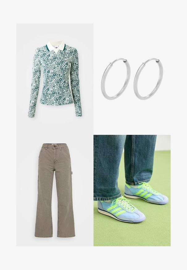 Pikkade varrukatega sobiv särk teal'ise ja valge lillemustriga ning valge kraega teal'ise äärega, lihtsal taustal.; BDG Urban Outfitters CARPENTER - Püksid - washed grey; Heledad sinised spordijalatsid roheliste aktsentidega, sametja ja sünteetilise materjali kombinatsioon, kolme triibuga ja tekstuurse tallaga. Stiliseeritud avarate teksapükstega.; Hõbedased rõngassõrmused, ringikujuline kuju, sile läikiv tekstuur ja ühtlane laius kogu ulatuses. Minimalistlik disain ilma lisadeta.