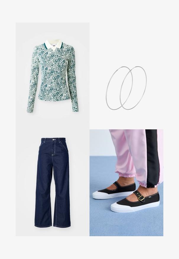 Chemise ajustée à manches longues avec un motif floral turquoise et blanc, et un col blanc avec un liseré turquoise sur un fond uni.; Jean large en denim bleu foncé, avec une taille haute, des coutures blanches contrastantes et un design traditionnel à cinq poches.; Baskets noires en toile avec une semelle blanche, présentant un design découpé et une sangle en boucle dorée. Portées avec un pantalon de survêtement rose.; Boucles d'oreilles en argent au design minimaliste. Forme circulaire, texture lisse et profil fin. Légères avec une finition polie.
