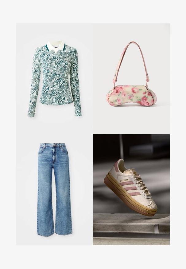 Een langmouwig, getailleerd shirt met een teal en wit bloemmotief en een witte kraag met teal afwerking op een effen achtergrond.; Lichtblauwe denim wijde broek met een hoge taille, voorzien van vijf zakken, sluiting met bovenste knop en contrasterende stiksels langs de naden.; Witte suède sneakers met roze accenten, voorzien van drie strepen en een gouden logo. Textuur in de neuskap en een bruine rubberen zool. Klassiek ontwerp.; Handtas met bloemenprint en een gebogen vorm, voornamelijk crèmekleurig met roze rozen, voorzien van een roze bandje en een zilverkleurig logoaccent. Gladde textuur.