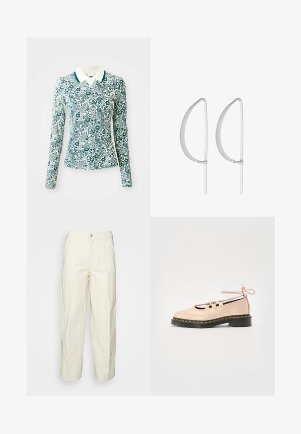 Een langmouwig, getailleerd shirt met een teal en wit bloemmotief en een witte kraag met teal afwerking op een effen achtergrond.; Lichtbeige utilitybroek met een relaxte pasvorm, knoopsluiting en opgestikte zakken aan de voorkant. Gemaakt van duurzame katoenen stof.; Foncé roze lederen schoen met een ronde neus, vetersluitingen en een zwarte platformzool die wordt geaccentueerd met gele stiksels.; Zilveren metalen oorbellen met een minimalistisch gebogen ontwerp, met uitgerekte, open druppelvormen en een matte afwerking.