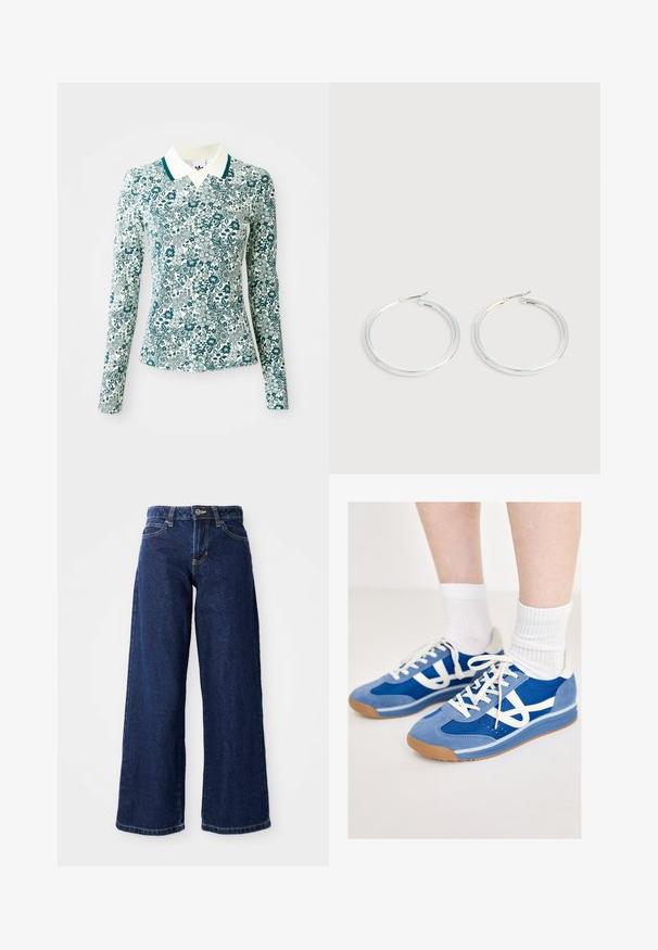Chemise ajustée à manches longues avec un motif floral turquoise et blanc, et un col blanc avec un liseré turquoise sur un fond uni.; Jean ample bleu foncé en denim, doté d'une fermeture à bouton et à zip, de passants de ceinture et d'un design classique à cinq poches.; Baskets de sport bleues avec une tige en daim et en mesh, accents blancs, lacets plats et semelles en caoutchouc gomme, accompagnées de chaussettes blanches à côtes.; Paire de boucles d'oreilles créoles argentées brillantes avec fermoirs en fil fin, présentée sur un fond gris clair.