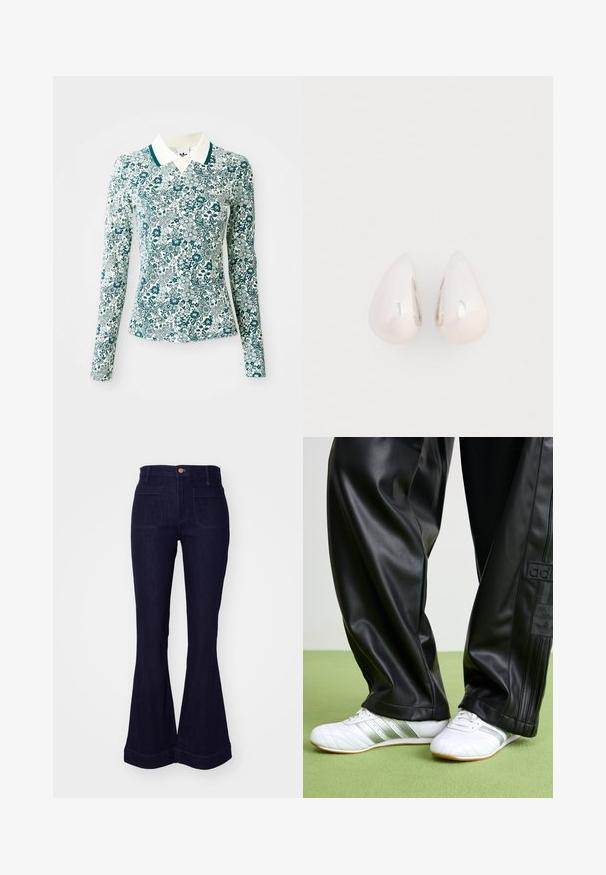 Chemise ajustée à manches longues avec un motif floral turquoise et blanc, et un col blanc avec un liseré turquoise sur un fond uni.; Jean en denim bleu foncé taille haute avec poches plaquées à l'avant et jambes évasées larges, bouton et passants de ceinture à la taille.; Pantalons en simili cuir noir avec une coupe ample, présentant une texture lisse et des rayures latérales. Associés à des baskets blanches avec des accents argentés.; Boucles d'oreilles en métal argenté en forme de goutte, avec une surface lisse et réfléchissante, présentant un design sans couture et sans embellissements visibles.