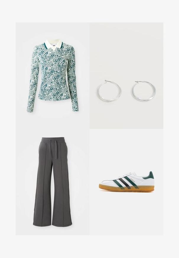 Een langmouwig, getailleerd shirt met een teal en wit bloemmotief en een witte kraag met teal afwerking op een effen achtergrond.; Donkergrijze wijde sweatpants met voornaad, elastische tailleband, trekkoorden, zijzakken en ritssluiting aan de onderzijde op een witte achtergrond.; Witte leren sneaker met groene en zwarte strepen; rubberen buitenzool; gestructureerde neuspunt; gouden "Gazelle" branding aan de zijkant.; Zilverkleurige metalen creolen oorbellen met een glad, licht gebogen oppervlak en sluitingen met haaksluiting op een effen witte achtergrond.