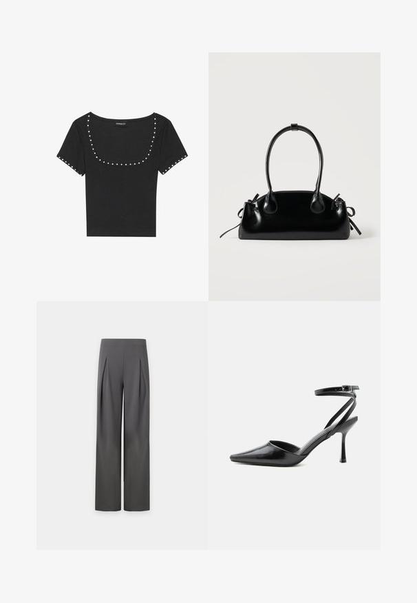Haut noir à manches courtes à côtes, avec un décolleté dégagé, décoré de clous en argent le long du décolleté et des manches.; Pantalon large taille haute gris foncé avec plis à l'avant s'étendant de la taille jusqu'au milieu de la cuisse sur un fond neutre.; Escarpin noir à bout pointu avec fines brides de cheville et fermeture à boucle argentée sur fond clair uni.; Petit sac à main noir brillant avec deux longues anses et des détails à cordon sur les côtés sur un fond clair uni.