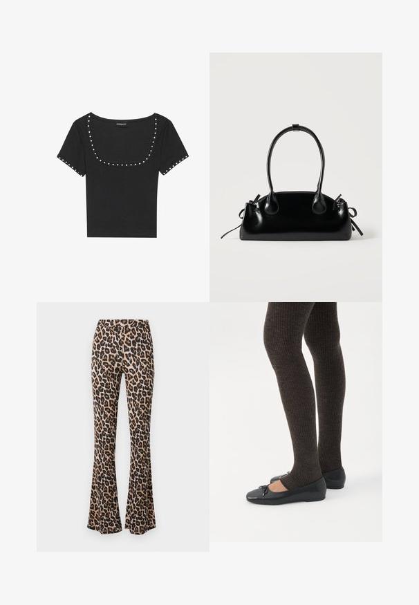 Top negro de manga corta acanalado con un amplio escote redondeado, acentuado con tachuelas plateadas a lo largo del escote y las mangas.; Pantalones acampanados de estampado de leopardo en tono marrón y negro, hechos de una tela suave con una textura lisa, con una cintura ajustada y un dobladillo acampanado.; Piernas con leggings oscuros acanalados combinados con bailarinas negras que presentan pequeños detalles de lazo sobre un fondo blanco.; Pequeño bolso negro brillante con dos asas largas y detalles de cordón lateral sobre un fondo claro liso.