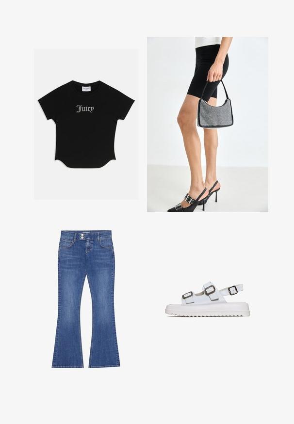 Sort kortærmet T-shirt med rund bund og raglanærmer. Har pyntet "Juicy" tekst i rhinsten på forsiden.; Flared blå jeans lavet af denim. Har dobbelt forlommer, to-knaps lukning og et klassisk fem-lomme design.; Hvide sandaler med to justerbare stropper, sølv spænder og en tyk hvid sål med zigzag mønster. Glat tekstur og åben design.; Sort perlehandtaske med en buet silhuet, bærehåndtag og blank overflade. Båret med højhælede sorte sko og tætsiddende sorte shorts.