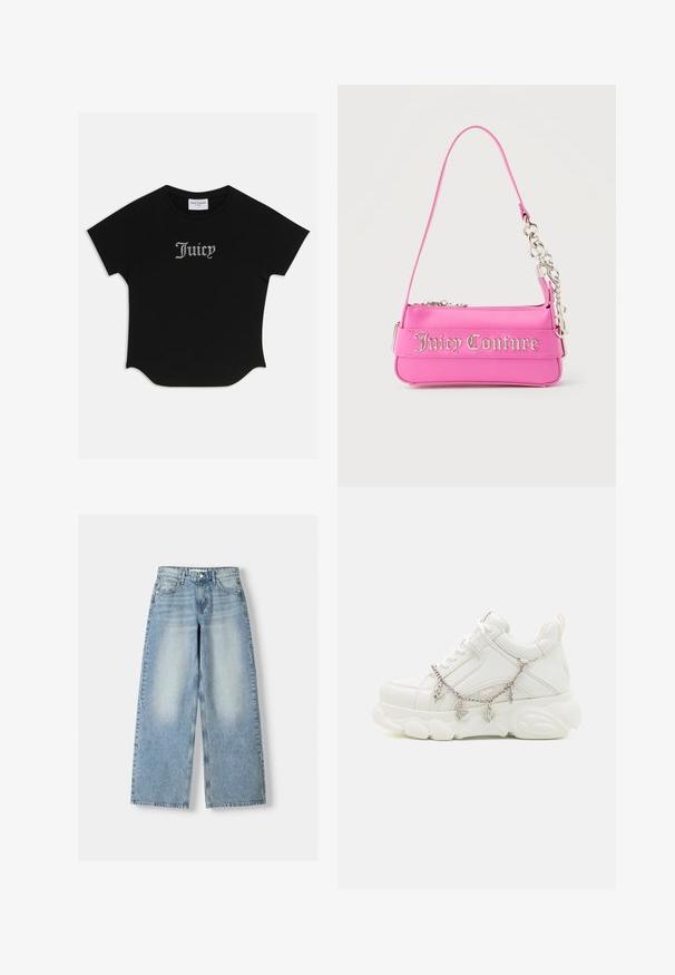 Zwarte T-shirt met korte mouwen en een ronde onderkant, voorzien van raglanmouwen. Kenmerkt zich door versierde "Juicy"-tekst in strass-steentjes op de voorkant.; Lichtblauwe denim wijde jeans met een hoge taille, met een vervaagde afwerking, vijf zakken en een rechte cut.; Witte sneakers met een dikke zool, een gestructureerde leren bovenkant en een decoratieve metalen ketting met bedels. Voorzien van vetersluiting en een gevoerd kraagje.; Kleine felroze Juicy Couture-handtas met zilveren kettingdetail en logotekst aan de voorkant, enkele smalle schouderband.
