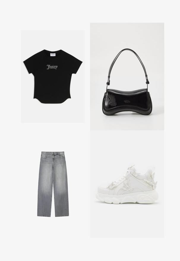 Sort kortærmet T-shirt med rund bund og raglanærmer. Har pyntet "Juicy" tekst i rhinsten på forsiden.; Bredde-grå denim jeans med en let falmet finish, der har fem lommer, lukning med knap foran og bæltestropper.; Hvid chunky sneaker med tyk sål og dekorative 3D sommerfugle detaljer på siden, snørebånd og hæl.; Sort patentlæder håndtaske med en buet form, et enkelt håndtag og en rund bund. Har en subtil logo-detalje på forsiden.
