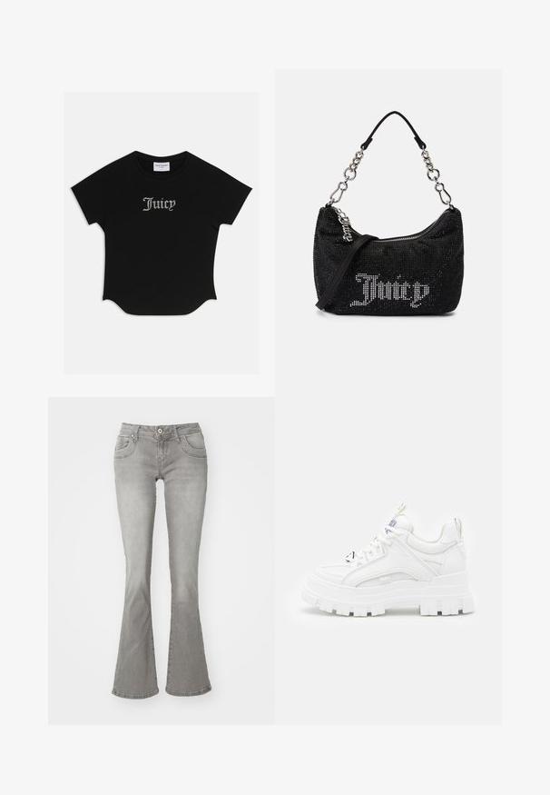Schwarzes T-Shirt mit kurzen Ärmeln, abgerundetem Saum und Raglanärmeln. Auf der Vorderseite mit verzierten "Juicy"-Text in Strass-Steinen.; Graue Schlagjeans mit mittelhoher Taille, Fronttaschen und Knopfverschluss, aus Denimstoff mit glatter Textur.; Weiße klobige Sneakers mit einer strukturierten Oberseite, gepolstertem Schaft und dicker, gerippter Sohle. Verfügt über kontrastierende schwarze Schnürsenkel und Branding-Details.; Schwarze Tasche mit Strassverzierungen, gebogener Form und silberner Kettenhandgriff. Verfügt über einen Reißverschluss und das "Juicy"-Logo in Weiß.