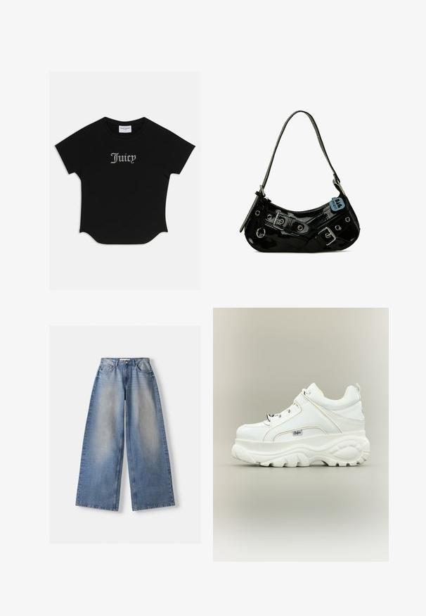 Schwarzes T-Shirt mit kurzen Ärmeln, abgerundetem Saum und Raglanärmeln. Auf der Vorderseite mit verzierten "Juicy"-Text in Strass-Steinen.; Weite blaue Jeans mit hohem Bund und verwaschenen Details, flach auf weißem Hintergrund ausgelegt.; Weißer Plateausneaker mit dicker klobiger Sohle, Schnürung vorne und Buffalo-Markenlogo an der Seite, von der Außenseite gezeigt.; Schwarze Lackleder-Handtasche mit geschwungener Form, ausgestattet mit silbernem Beschlag, dekorativen Schnallen und einem kurzen Griff. Blaue Anhängeschild befestigt.