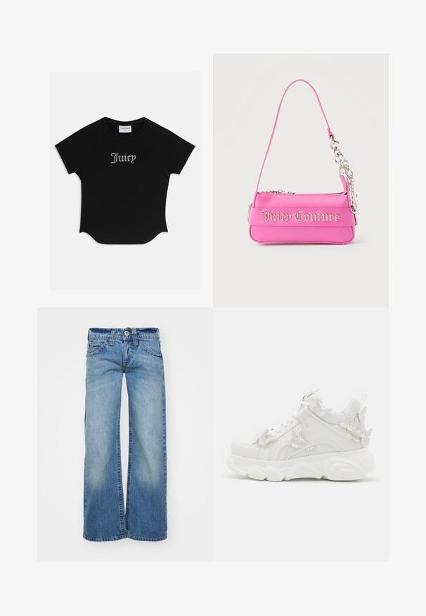 Sort kortærmet T-shirt med rund bund og raglanærmer. Har pyntet "Juicy" tekst i rhinsten på forsiden.; Lys blå vidde jeans i denimstof, med en blegning, fem lommer og en knaplukning med bæltestropper.; Hvid chunky sneaker med tyk sål og dekorative 3D sommerfugle detaljer på siden, snørebånd og hæl.; Lille lys pink Juicy Couture håndtaske med sølvkædedetalje og logotekst på forsiden, enkelt smalt skulderrem.
