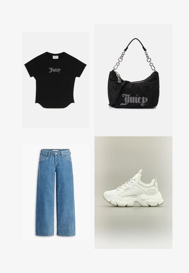 Schwarzes T-Shirt mit kurzen Ärmeln, abgerundetem Saum und Raglanärmeln. Auf der Vorderseite mit verzierten "Juicy"-Text in Strass-Steinen.; Hellblau weite Jeans aus Denim, mit hoher Taille, fünf Taschen und einem klassischen Knopfverschluss. Gerader Schnitt vom Oberschenkel bis zum Saum.; Weißer klobiger Sneaker mit dicker, strukturierter Sohle, Mesh- und Lederobermaterial, Schnürverschluss und Zuglaschen an Zunge und Ferse.; Schwarze Tasche mit Strassverzierungen, gebogener Form und silberner Kettenhandgriff. Verfügt über einen Reißverschluss und das "Juicy"-Logo in Weiß.