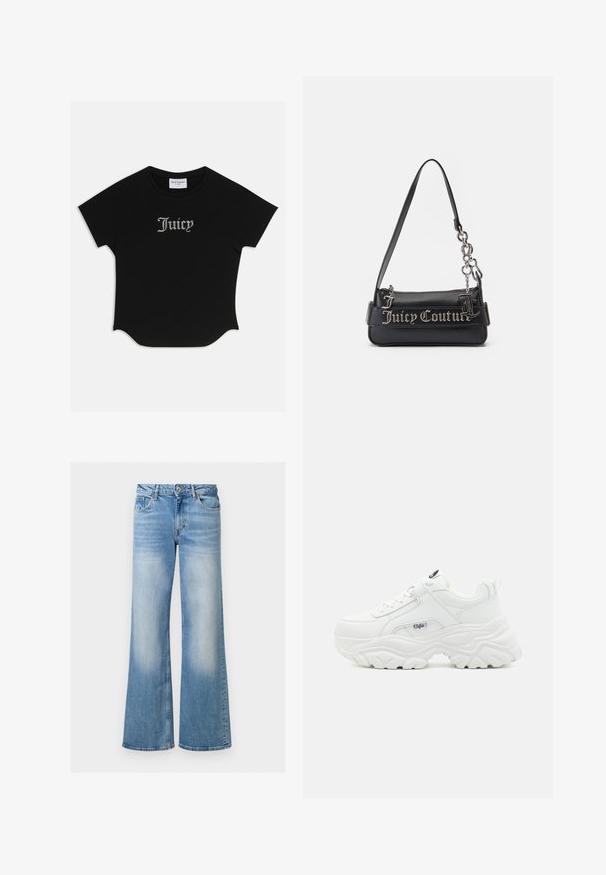 Camiseta negra de manga corta con dobladillo redondeado y mangas raglán. Presenta un texto "Juicy" adornado con piedras de strass en el frente.; Jeans de mezclilla azul claro acampanados con una textura desteñida, cintura alta y diseño de cinco bolsillos, con cierre de botón y cremallera.; Zapatillas blancas voluminosas con parte superior de piel lisa, punta redonda y suela gruesa texturizada con un logo de la marca visible en el lateral.; Bolso de mano negro hecho de material sintético texturizado. Presenta una correa de cadena y el logo plateado "Juicy Couture" destacado en la parte frontal.