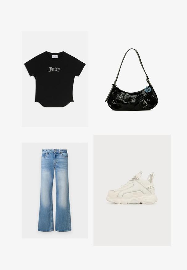 Zwarte T-shirt met korte mouwen en een ronde onderkant, voorzien van raglanmouwen. Kenmerkt zich door versierde "Juicy"-tekst in strass-steentjes op de voorkant.; Lichtblauwe denim flared jeans met een vervaagde textuur, hoge taille en vijf-pocketdesign, voorzien van een knoop- en ritssluiting.; Witte chunky sneaker met dikke zool, zilveren detail op de hiel en zijkant, veters aan de voorkant en treklusje aan de achterkant.; Zwarte gepatineerde leren handtas met een gebogen vorm, voorzien van zilveren hardware, decoratieve sluitingen en een korte schouderband. Blauwe label bevestigd.